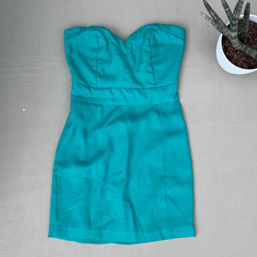 Teal strapless mini dress